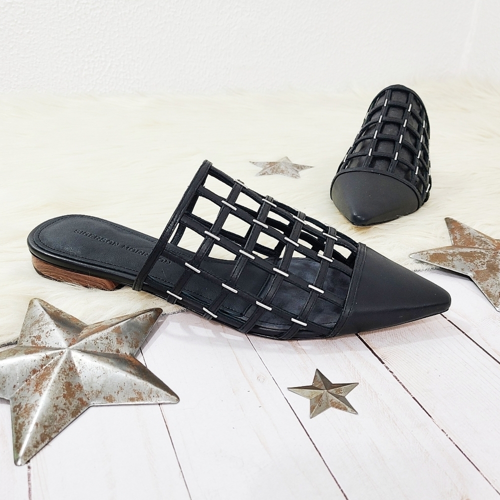 Sigerson Morrison Eddie cage flats black leather studded pointed toe size 39 NEW